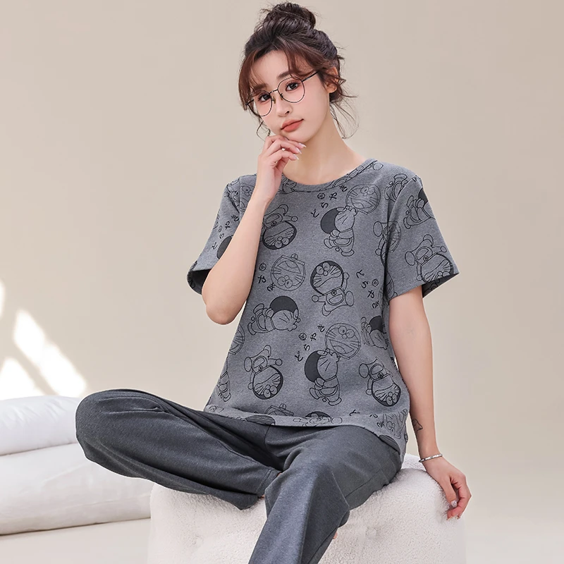 睡衣女夏季纯棉短袖长裤家居服套装夏天女士韩版宽松薄款居家服
