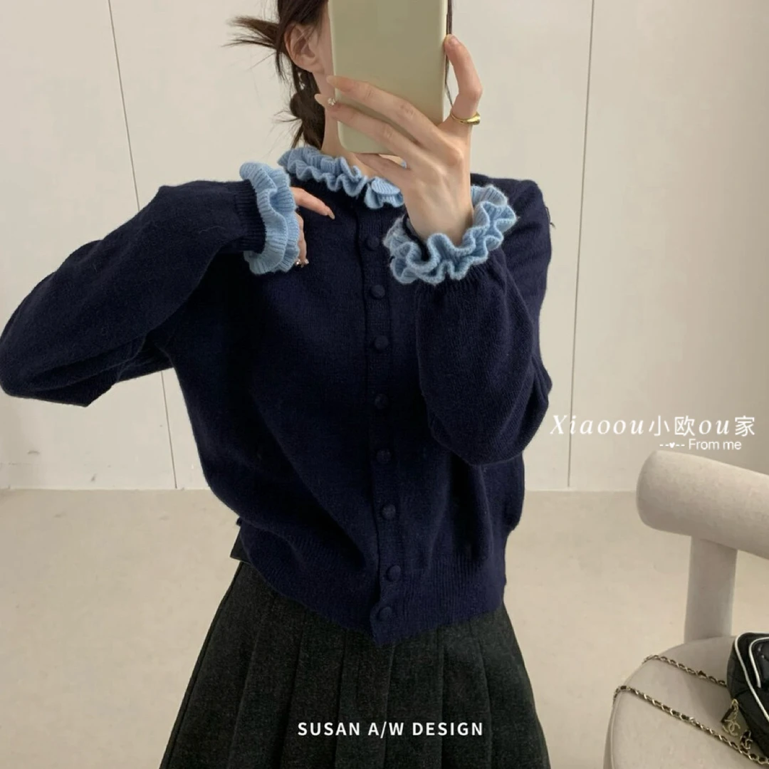 OU-韩系ins风甜美木耳领毛衣开衫女秋季新款显瘦气质外搭上衣