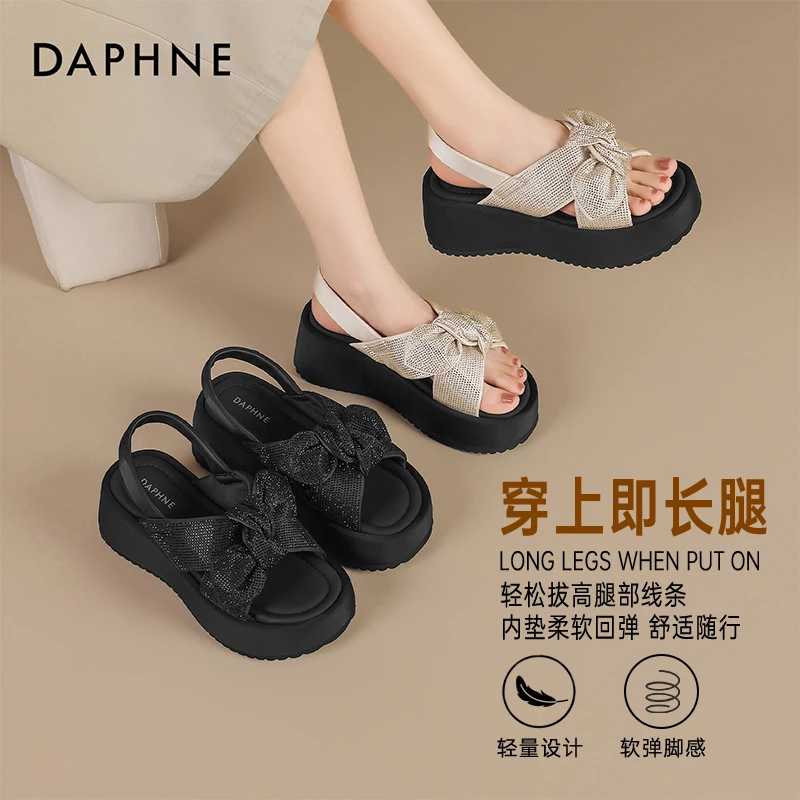 达芙妮2025夏季新款蝴蝶结凉鞋明星同款百搭时尚松糕底增高凉拖鞋
