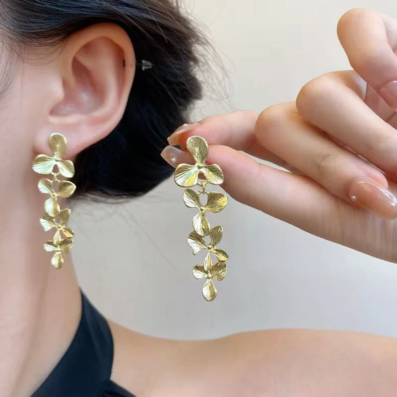 钛钢耳饰 夸张长款流苏花朵耳环小众个性冷淡风耳钉百搭气质耳饰S