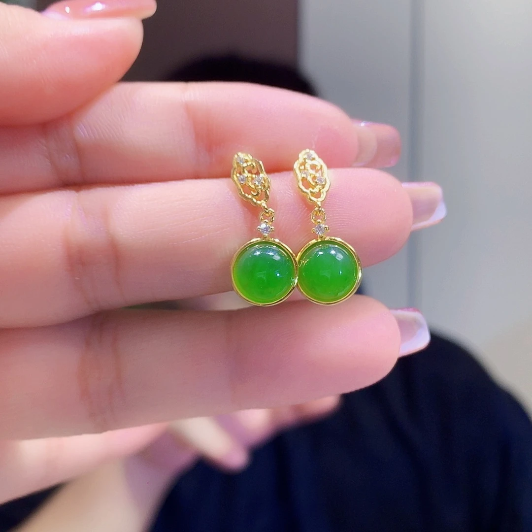 和田玉（碧玉）银S925镀金镶嵌耳饰