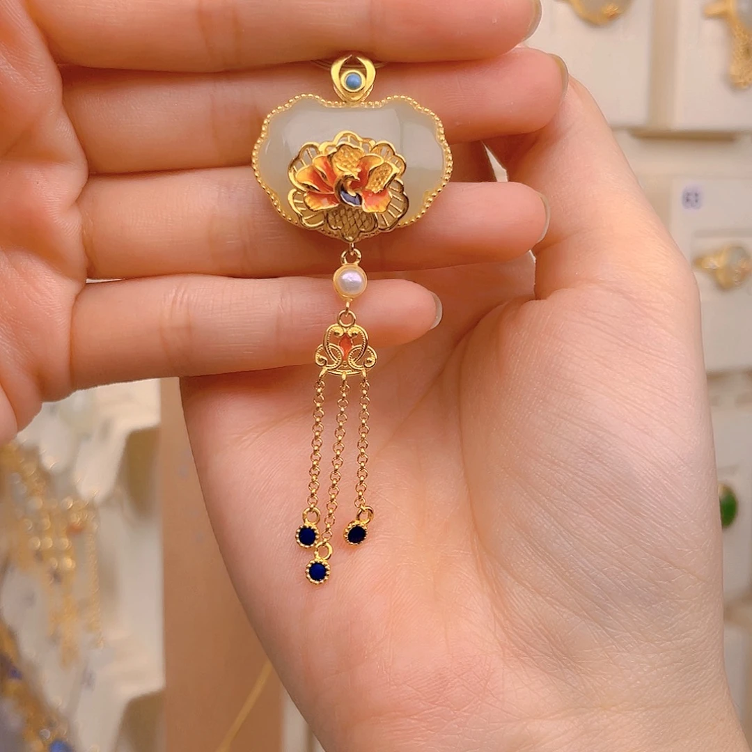 和田玉颈饰银S925镀金镶嵌