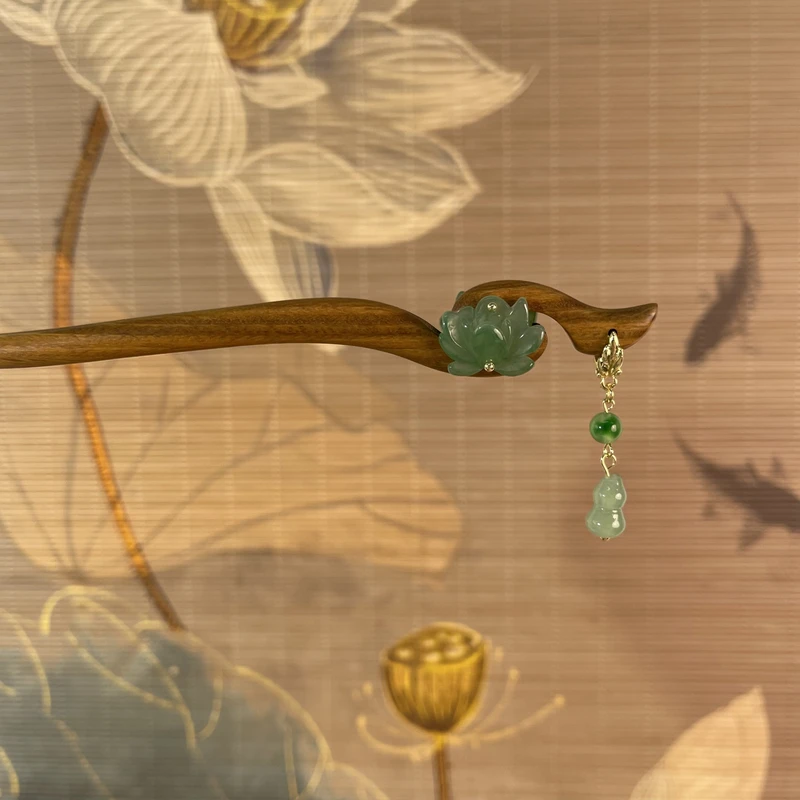 炑歌J159绿檀莲花18公分发簪气质手工中式纯手工国风百搭时尚发簪