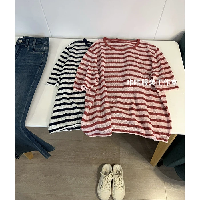 REKAYYAT“热恋”莱赛尔天丝亚麻百搭减龄款撞色圆领短袖条纹针织衫