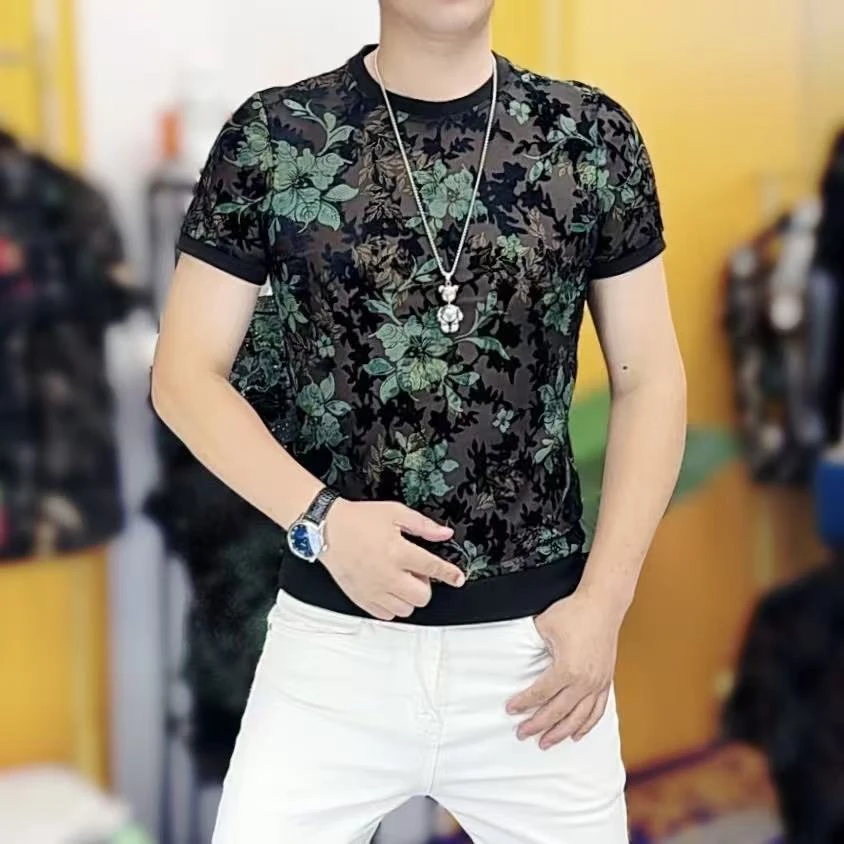 2505夏季新款时尚男士冰丝修身潮流烧花T恤