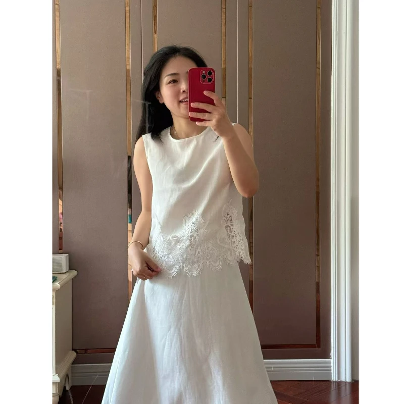 【若衣】天丝亚麻拼接睫毛蕾丝花边无袖上衣+高腰半裙套装250220