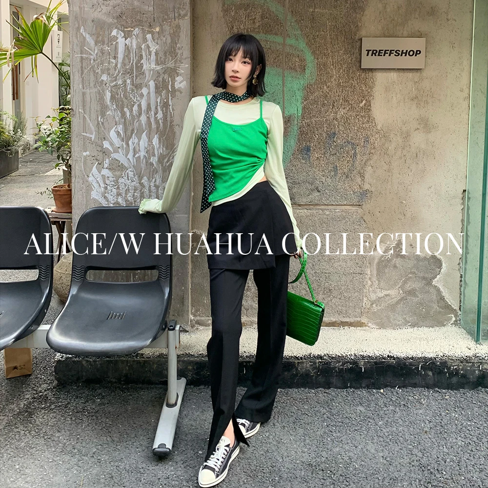 【花粉专享】长袖防晒内搭打底T恤女春季新品绿色吊带叠穿套装