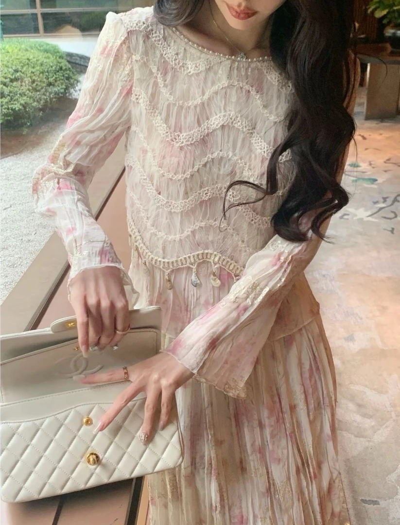 5663法式气质高级感蕾丝拼接碎花衬衫套装女春季新款显瘦半身裙