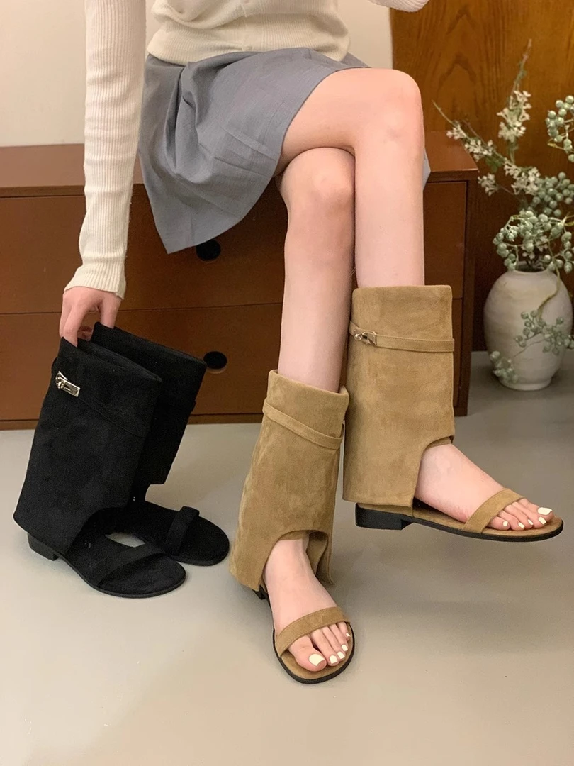 小众辣妹裤管靴女2025夏季新款百搭漏趾西部靴法式一字带短筒凉靴