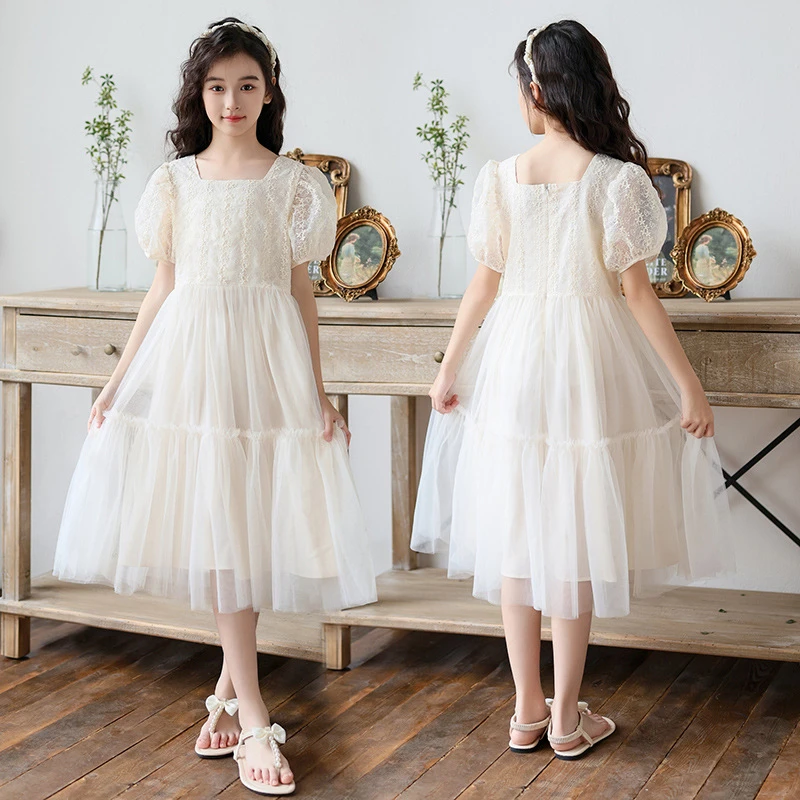 中大童女童网纱裙子夏季蕾丝公主裙2024新款儿童小女孩洋气连衣裙