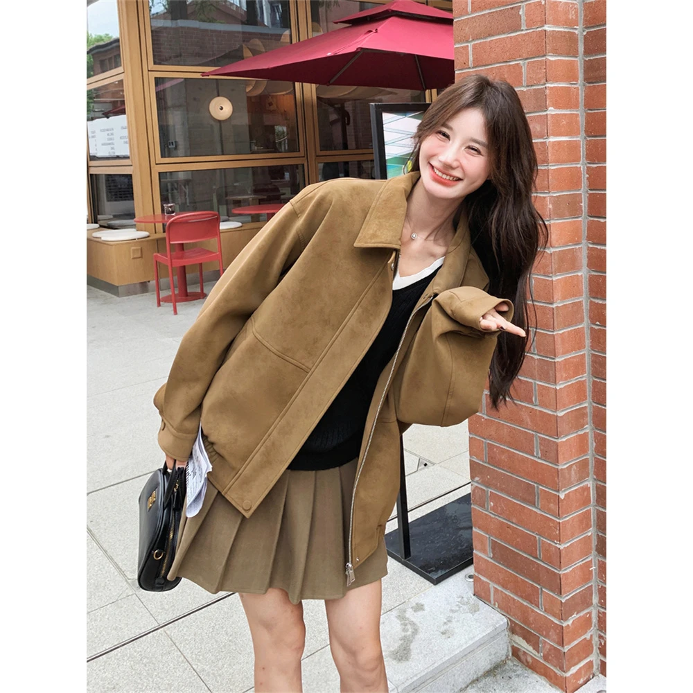 今年流行爆款翻领宽松休闲夹克上衣2025新款复古麂皮绒秋天外套女