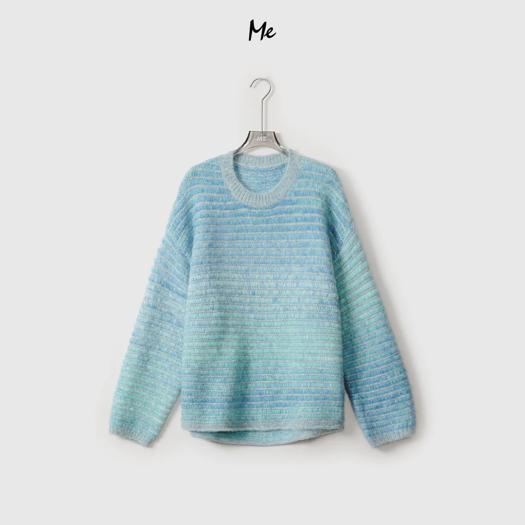 ME【海底星空】绵羊毛混纺渐变卷边针织上衣条纹女装毛衣MEQA3343