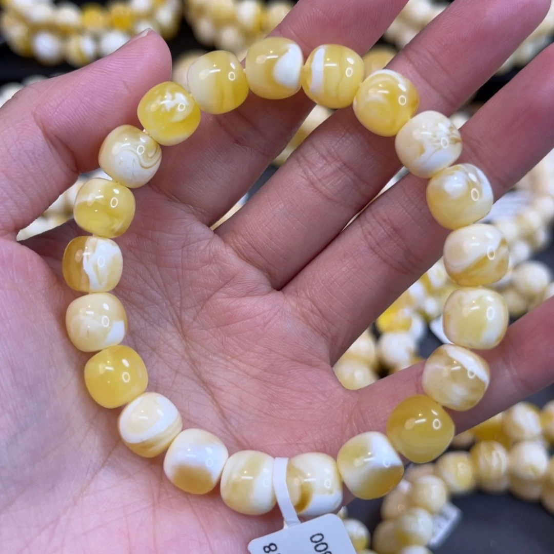 蜜蜡未镶嵌手链9.5*9mm金瓷白妖花