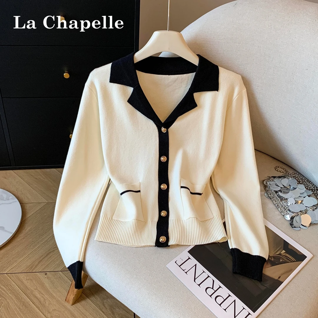 拉夏贝尔秋冬季小香风撞色翻领针织开衫法式减龄毛衣小众女装上衣