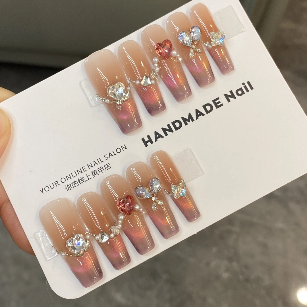 手工穿戴甲纯欲玫粉微笑猫眼爱心腮红甜糖心事指甲贴