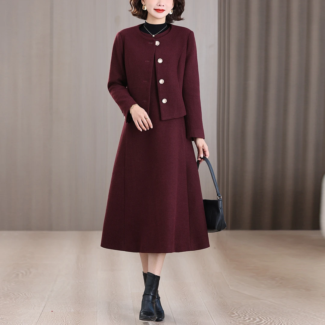 婚宴妈妈礼服高贵酒红色两件套装2025新款冬季喜婆婆婚宴装喜服裙