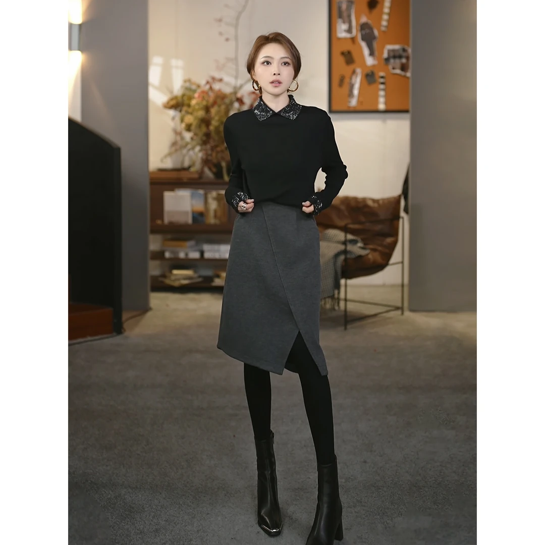 溶溶【星钻闪闪】RONG 绵羊毛混纺钻领休闲风假两件针织衫25102801