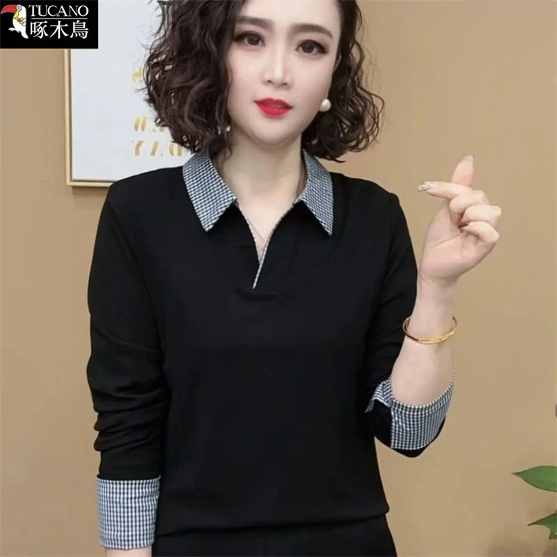 啄木鸟2025年新款拼色设计上衣春秋长袖翻领T恤女大码显瘦POLO衫