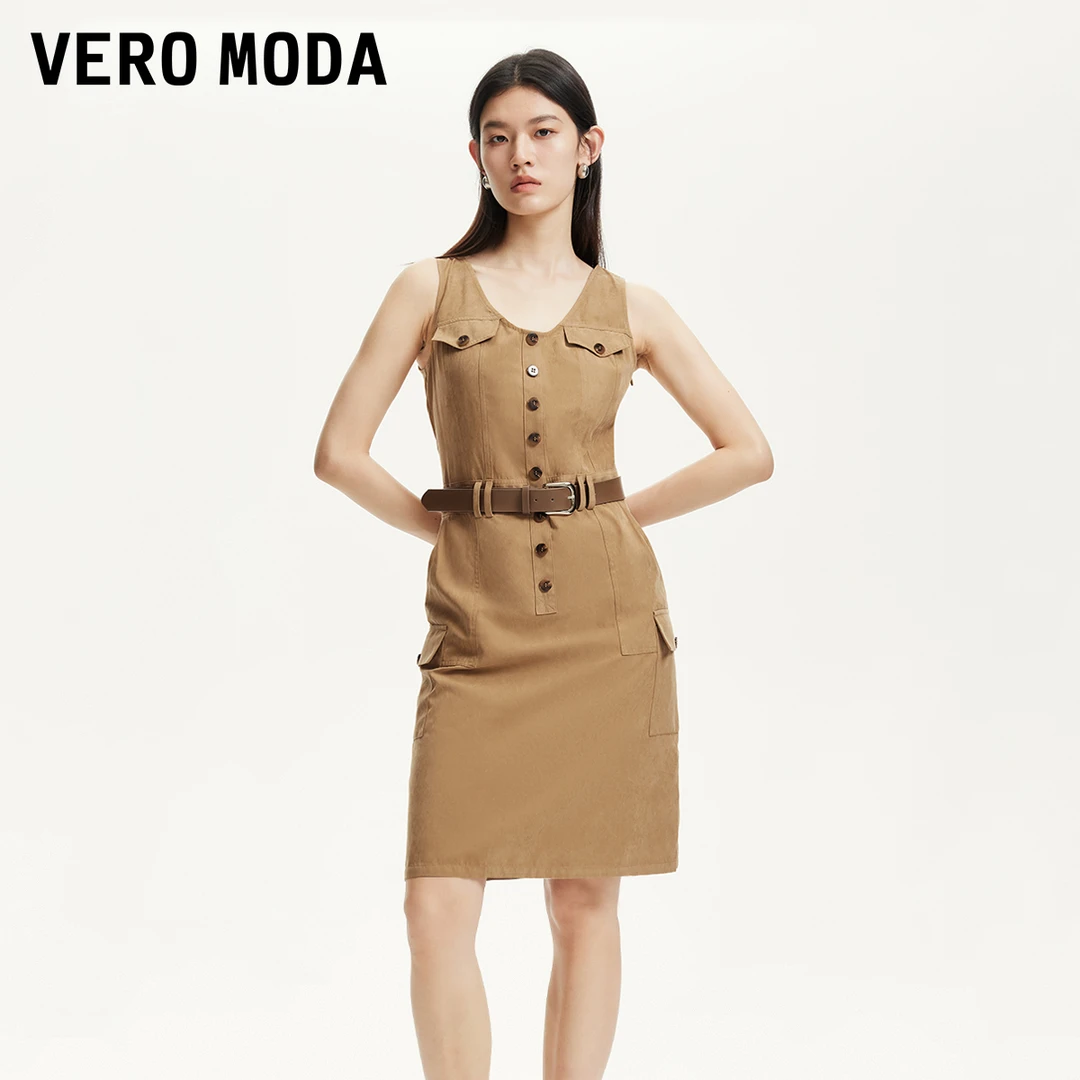 Vero Moda连衣裙2025夏日穿搭V领单排扣腰带底摆连衣裙32527A015