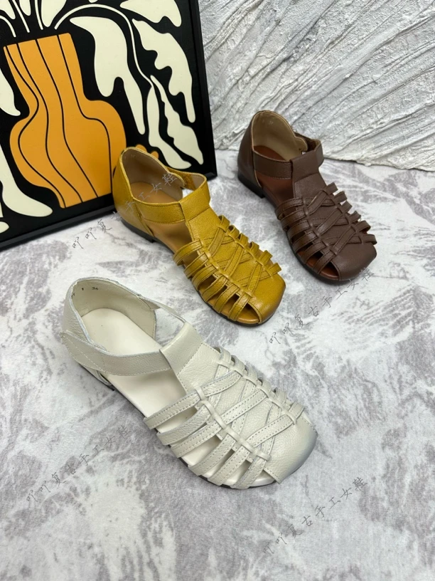 复古牛皮手工编织软底包头女凉鞋