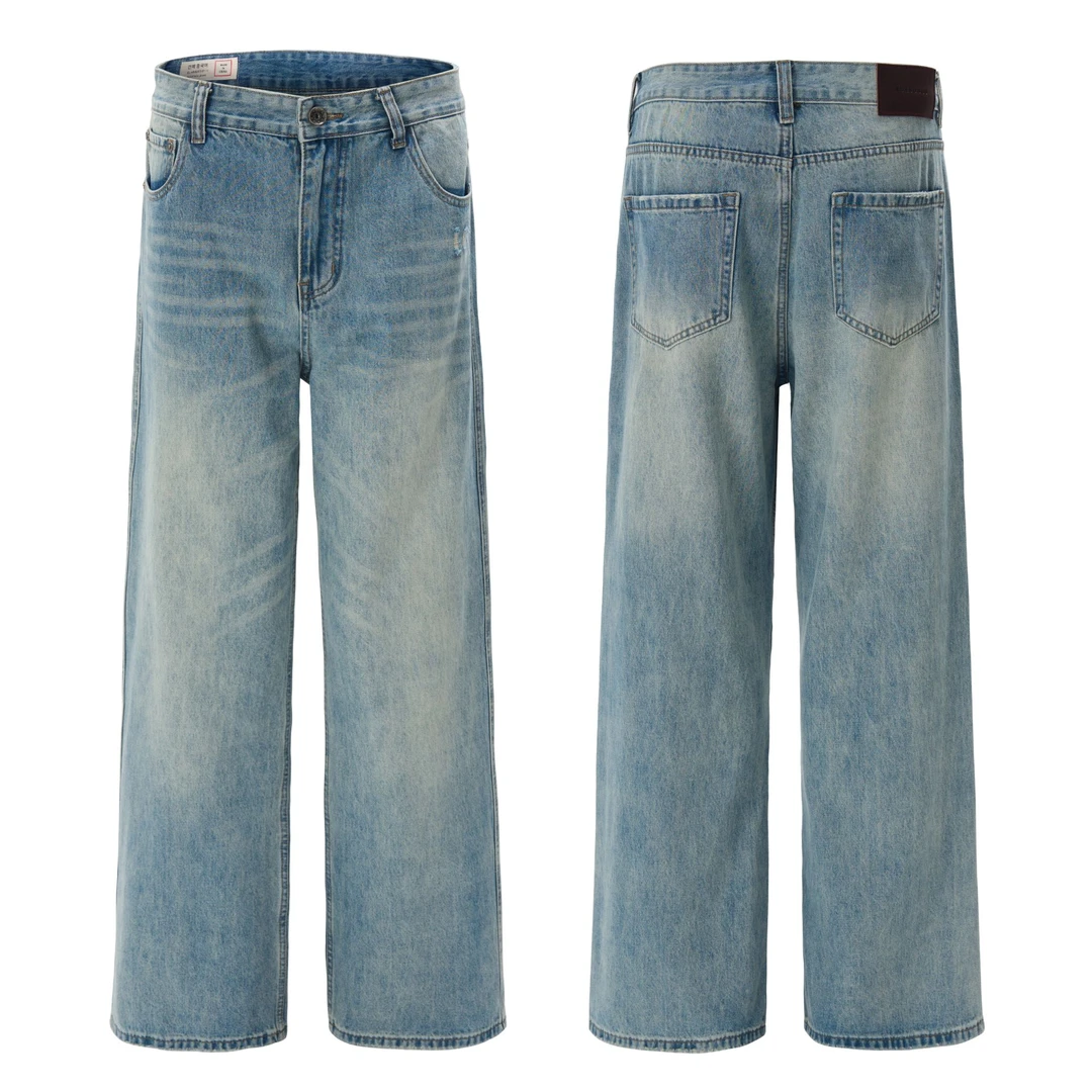 春夏美式浅蓝水洗长裤宽松直筒潮牌百搭情侣牛仔裤男