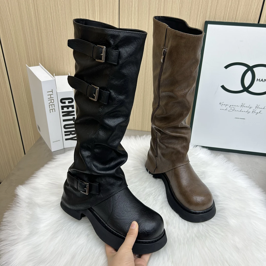 时装靴英伦高筒靴厚底秋冬过膝百搭女鞋中筒马丁靴