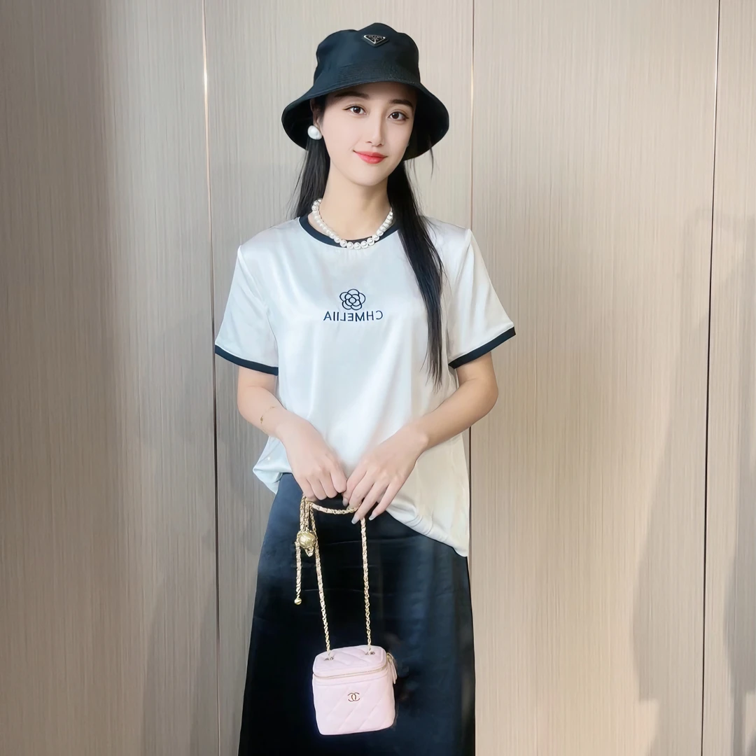 19姆米桑蚕丝弹力缎山茶花刺绣洋气百搭高档真丝短袖上衣小衫T126