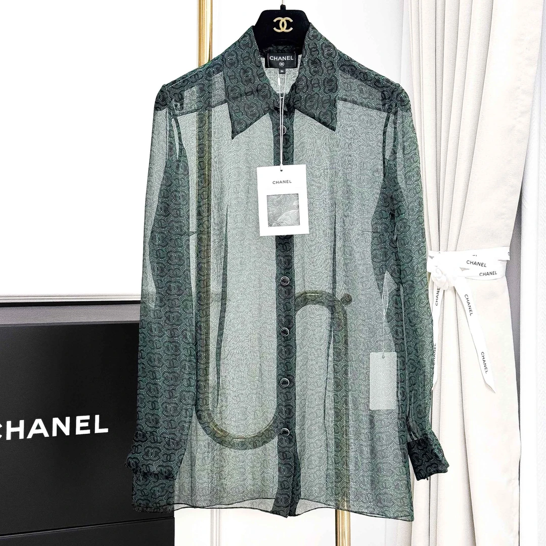 99新 Chanel/香奈儿 36码23A手工坊墨绿色透视长袖衬衫