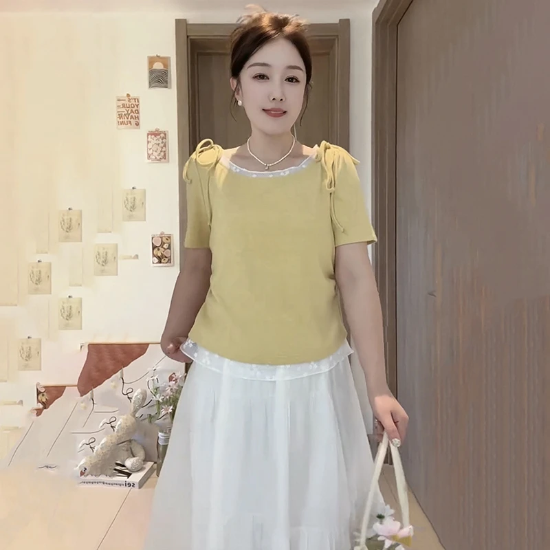 大码女装胖mm法式圆领蕾丝拼接系带短袖T恤2025夏季显瘦遮肉上衣