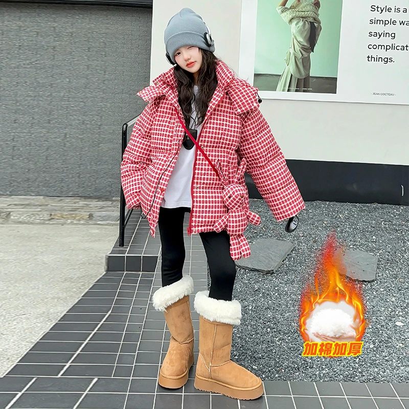 【嘻嘻柚】女童冬款加厚连帽格子棉服2025新款休闲时髦保暖棉服外套