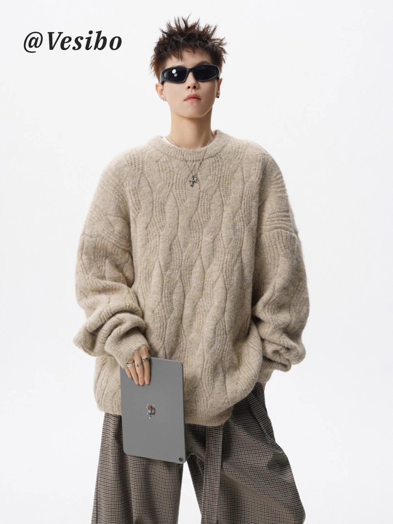 美式重磅麻花针织衫男冬季潮牌宽松圆领毛衣高街百搭情侣套头上衣