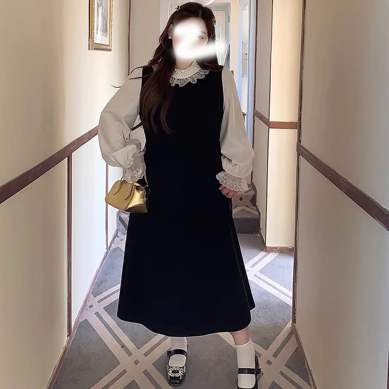 微胖mm大码圆领春季A字裙连衣裙黑色名媛长款法式长裙小黑裙