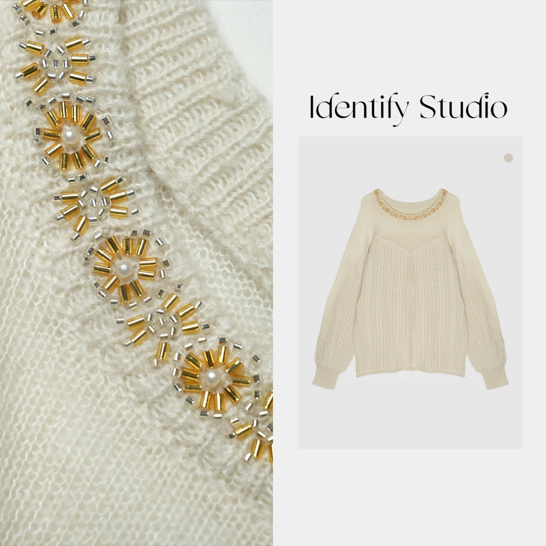 IDENTIFY香香“钉珠领麻花毛衣”秋冬休闲百搭上衣24AW