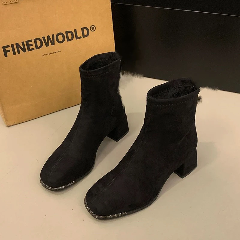 新疆包邮-2519-2#方头短靴（跟高约5cm）带薄绒