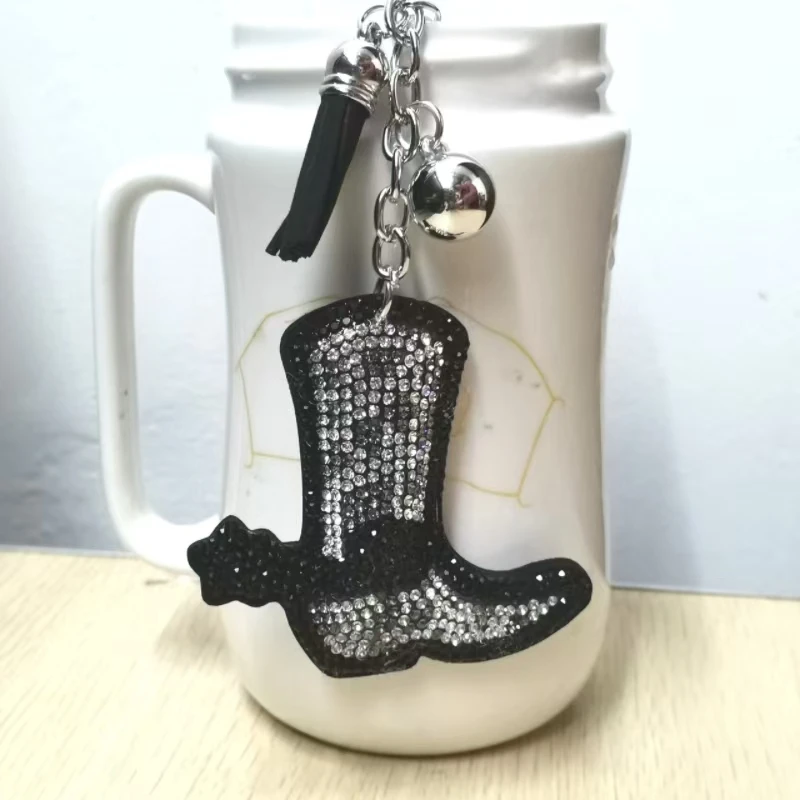 跨境热卖流苏镶钻豹纹靴女士包包挂件时尚韩国绒烫钻双色钻钥匙扣