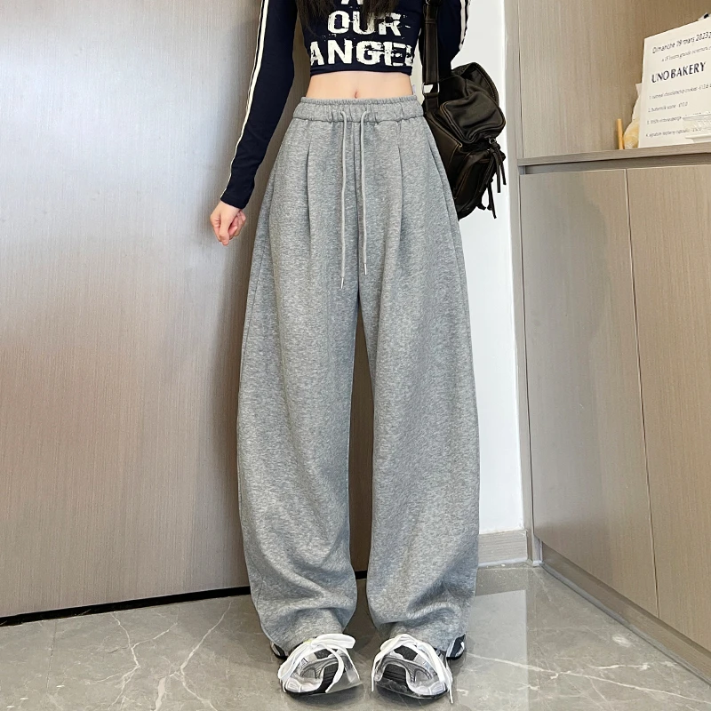 灰色运动裤女秋季新款2025棉感宽松阔腿裤镰刀裤休闲松弛感弯刀裤