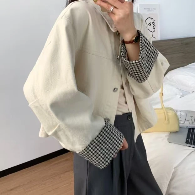 LUOSHI/2025春秋季时尚复古拼接宽松休闲百搭夹克短外套女