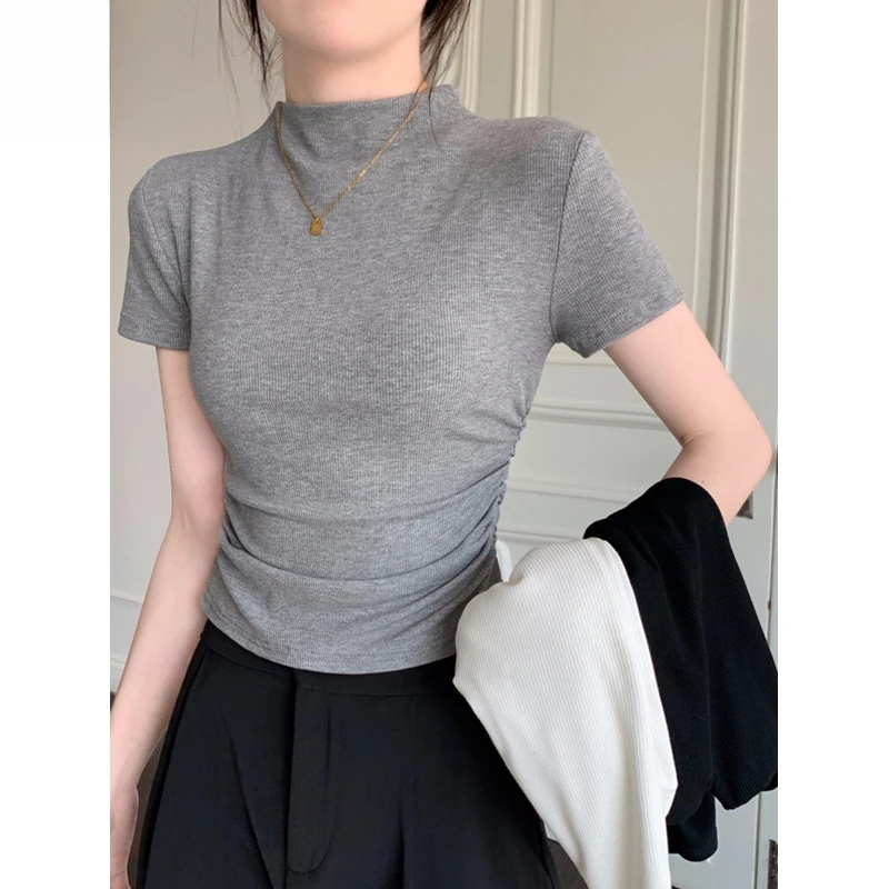 设计款半高领短款t黑色修身上衣女2024新款夏季褶皱露脐小众短袖T
