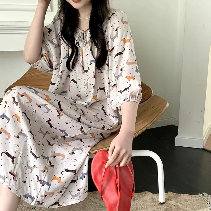 夏季薄款睡裙绵绸女沙滩长裙睡衣春秋天女士度假风棉家居服大码