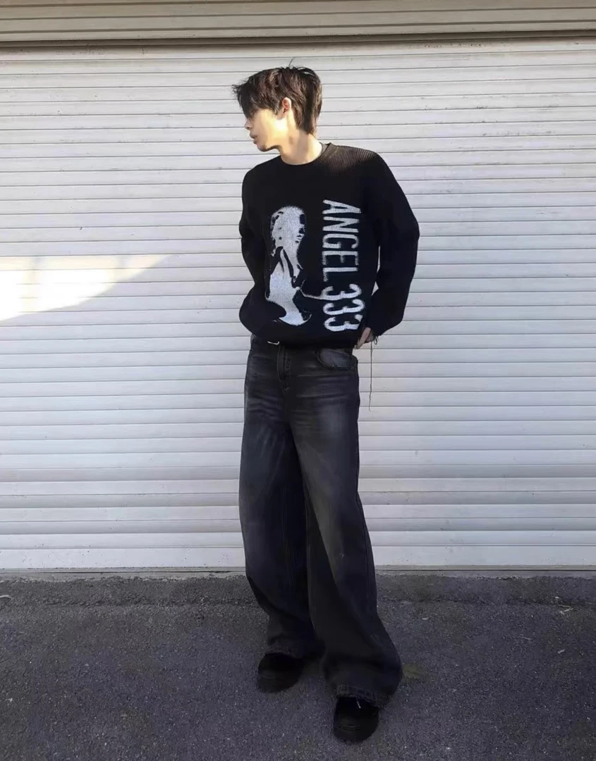 某保289！小众品牌水洗纹路牛仔裤男女