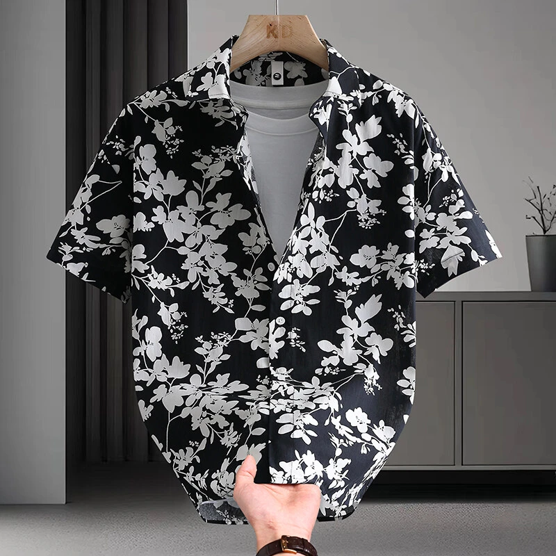 男士纯棉小碎花短袖衬衫痞帅花纹沙滩休闲夏季薄款潮流发型师衬衣