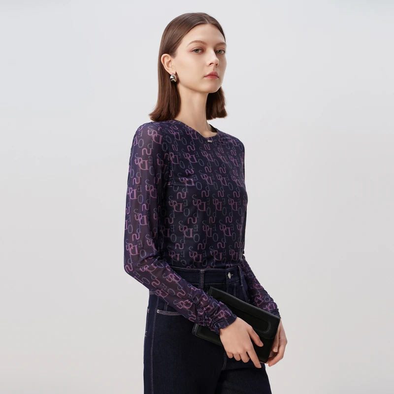 DUNNU/敦奴dunnu春季时尚百搭印花圆领气质修身长袖上衣8U130112