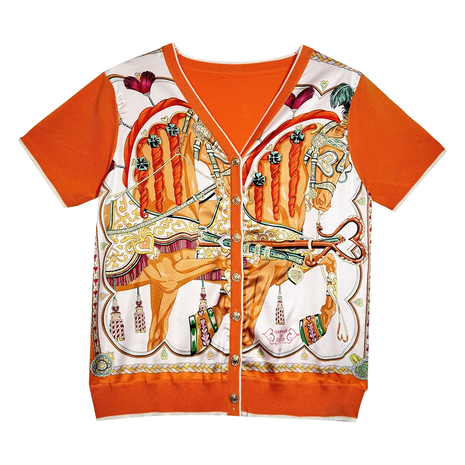 “甜蜜鞍具”桑蚕丝印花上衣欧货针织手工缝盘拼接短袖开衫外套2025