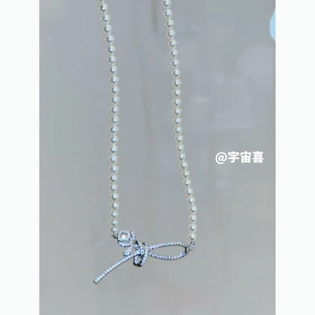 铜合金仿珍珠项链 H1-105【贝珠串珠打结银色白锆玫瑰项链】