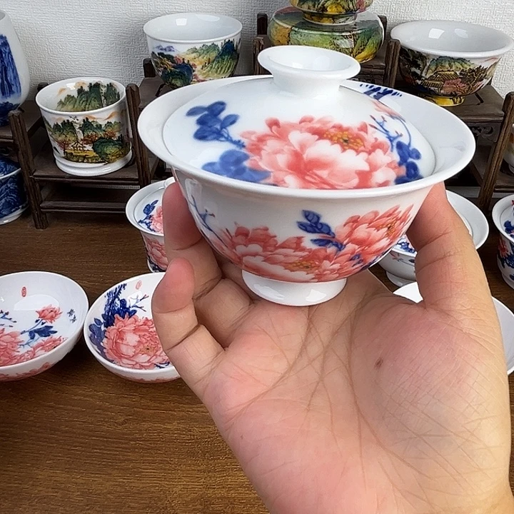 忠意堂釉下彩红牡丹盖碗微瑕不退