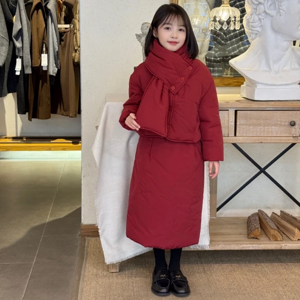 女童棉衣套装裙冬装2025新款女大童半身裙儿童冬季加厚新年拜年服