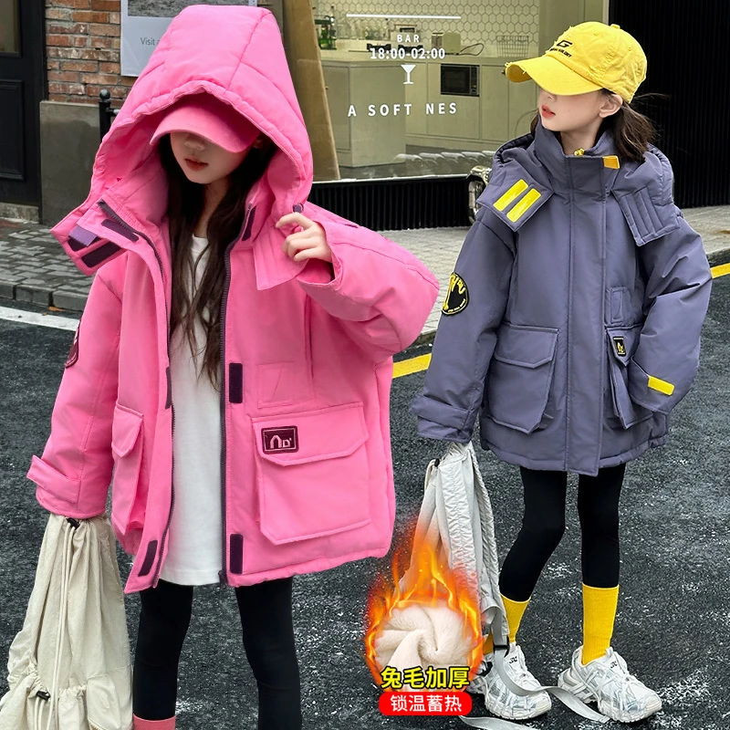 女童收腰拼色派克服2025秋冬款中大童加绒棉服连帽冲锋衣加厚外套