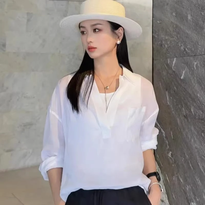 【专柜品质】夏季新款宽松苎麻POLO小翻领防晒长袖薄款衬衫女530074