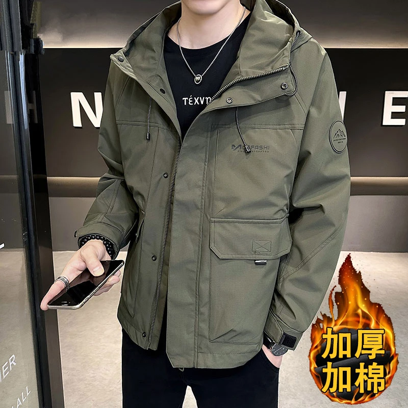 美式外套男加棉加厚2025春秋新款潮流连帽工装夹克百搭帅气冲锋衣