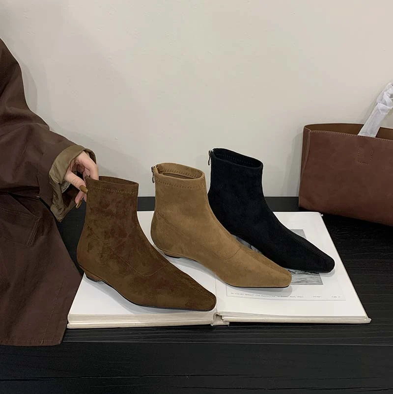 【陳妮可】升级版~韩系瘦瘦靴复古方头后拉链弹力靴羊京绒时装单靴